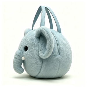 Bolso de peluche de elefante azul claro personalizado, bolso de mano redondo de peluche de elefante, bolso de elefante de dibujos animados con asa de cuero - Product Image 3