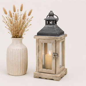 Farol de Madera Rústico Hecho a Mano con Parte Superior de Metal, Portavelas Decorativo Estilo Rústico para Decoración de Jardín y Patio Exterior - Product Image 6