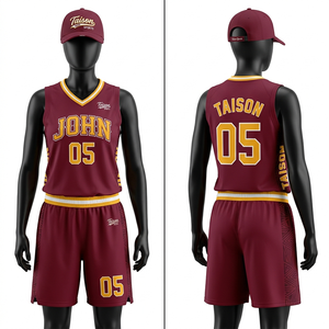 Uniforme de basket-ball pour femmes, qualité supérieure, 165 GSM, polyester respirant, maille bordeaux, design latéral doré, logo personnalisé par transfert thermique. - Product Image 1