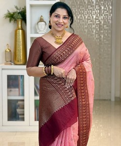 Pink Banarasi <b>Saree</b> <b>Maroon</b> Border Women Ethnic Quick Dry Casual Floor Length Regular All Seasons 85169 TWT 1095 - Product Image 2