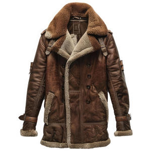 Blouson aviateur en cuir véritable marron pour homme, col en peau de mouton, fermeture éclair, coupe vintage, coupe-vent, style moto - Product Image 5