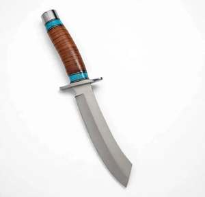 Outil utilitaire d'extérieur artisanal en acier inoxydable avec manche en cuir empilé et incrustation de pierre turquoise - Product Image 1