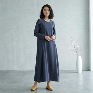 Robe longue en coton et lin gris pour femme, manches longues, coupe décontractée, respirante, robe d'été décontractée - Product Image 2
