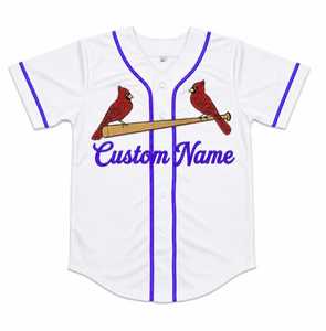 Camiseta deportiva de béisbol personalizada profesional, transpirable, de malla suave, manga corta, corte atlético, blanca con ribete morado. - Product Image 1