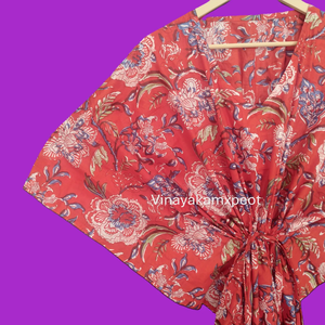 Handcrafted Red Floral Printed Cotton <b>Kaftan</b> Women Elegant V-Neck <b>Summer</b> Loungewear Breathable Bohemian Midi High Waist - Product Image 6