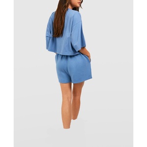 2026 New Arrival Women's Blue Cotton Shorts Set Crew Neck Loose Fit Casual Summer Wear Side Pockets <b>Elastic</b> Waist Solid Color - Product Image 2