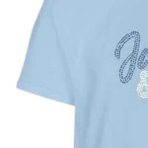 เสื้อยืดแขนสั้นสีฟ้าอ่อนลายกราฟิกประดับเพชรสำหรับวัยรุ่นหญิง สไตล์ลำลอง พิมพ์ลายตัวอักษรระยิบระยับ ดีไซน์ทันสมัย ใส่สบาย - Product Image 3