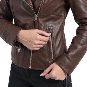 Women's Genuine Leather Motorcycle Jacket Brown Stand Collar <b>Zipper</b> Closure Full Sleeve Biker Style Autumn Wear - Product Image 6