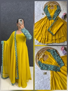 Salwar Kameez jaune long jusqu'au sol avec dupatta bleu imprimé, tenue de fête traditionnelle indienne, costume Anarkali ample pour femmes - Product Image 6