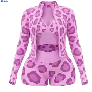 Conjunto de 3 piezas de pantalones cortos de hip hop con estampado de leopardo para mujer, chaqueta con cremallera de manga larga, sujetador y pantalones cortos de ciclista, ropa sexy para discoteca, ropa de primavera y verano - Product Image 6