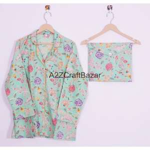 Ensemble de pyjama court pour femme à motif floral imprimé, 100% coton pur, doux, respirant, séchage rapide, avec cordon de serrage - Product Image 3