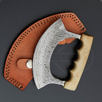 Couteau Ulu en acier Damas fait main sur mesure, manche en os de vache avec étui en cuir, couteau de chef pour hacher et couper, couteau à pizza