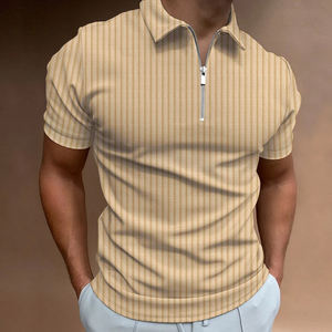 Polo en laine tricotée pour homme, couleur gris clair uni, manches courtes, t-shirt fin pour homme, fermeture éclair quart, coupe ajustée, style hip hop - Product Image 3