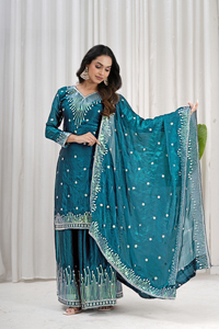 Fendy Silk Sequins Heavy Embroidered Tunic Top With Micro Cotton Lined Elastic Sharara Pants And Dupatta <b>3</b> <b>Piece</b> Set UV 157 - Product Image 2