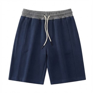 Shorts Bermuda en tricot bleu marine de qualité supérieure pour homme, couleur unie, avec taille élastique grise et cordon de serrage, style décontracté - Product Image 4