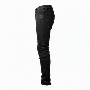 Jean moto noir pour homme, coupe droite, taille mi-haute, en denim de coton délavé avec rivets, fermeture boutonnée, style automne - Product Image 4