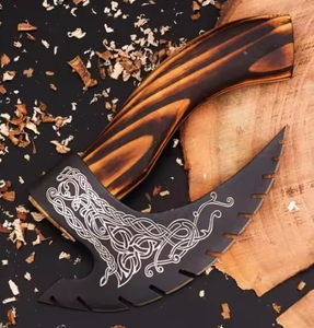 <b>Viking</b> Hand Forged Custom Pizza <b>Axe</b> Multi-Purpose Stainless Steel Blade Etching Pattern Customized Handle Leather Sheath - Product Image 4