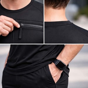 T-shirts tactiques d'extérieur pour hommes, personnalisables, respirants, noirs, à col rond, avec poche zippée, utilitaires, vente en gros - Product Image 6