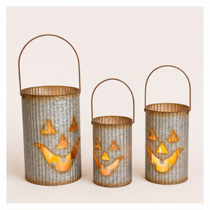 Creative Galvanized Corrugated Metal Pumpkin <b>Lanterns</b> Spooky Jack-o-<b>Lantern</b> Luminaries with Handles for Indoor Outdoor Decor - Product Image 1