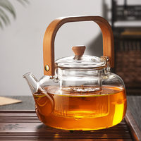Théière en verre borosilicate résistant à la chaleur de 1000 ml avec poignée en bambou, pot à thé transparent pour la maison, le bureau et les fêtes