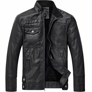 Veste en similicuir pour homme sur mesure OEM, col montant, coupe ajustée, style motard, automne-hiver, multi-poches - Product Image 1