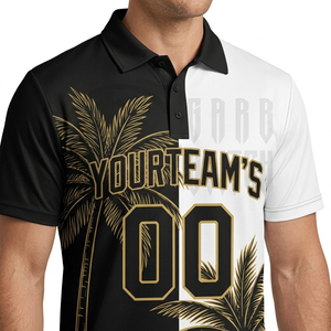 Polo de Hombre con Estampado de Palmeras en Blanco y Negro, Manga Corta, Casual, Transpirable, de Poliéster Tejido, con Diseño de Logotipo Frontal - Product Image 3