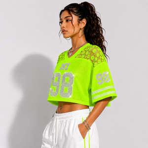 Custom Sparkling <b>Rhinestone</b> <b>Mesh</b> Crop Jersey Women Oversized Varsity Football Streetwear Fashion Shirt - Product Image 3
