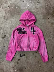 Ensemble survêtement rose en molleton épais pour homme : sweat à capuche court zippé et pantalon large, avec broderie graphique, style streetwear - Product Image 5