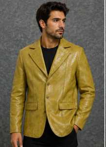 Veste en cuir Champ King Gold à motif gaufré, col rabattu, simple boutonnage, manches classiques - Product Image 2