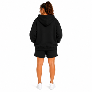 Women's 2 Piece Hoodie Shorts <b>Set</b> Solid Black Fleece Long Sleeve Loose Fit Casual Drawstring Pocket All Seasons Wear - Product Image 6