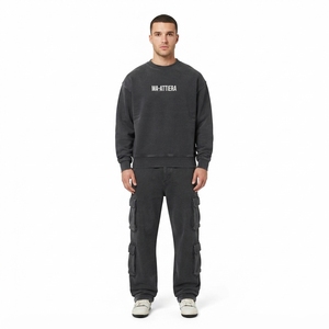 Men Charcoal Gray Crewneck Sweatshirt Cargo <b>Sweatpants</b> <b>Set</b> Casual Streetwear Matching Clothes Oversized Jogger <b>Set</b> - Product Image 1