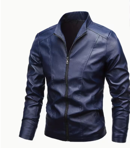 Men's Blue Cow Skin <b>Leather</b> Bomber <b>Jacket</b> Stand Collar Zipper Closure Slim Fit Regular Sleeve Solid Color <b>Winter</b> Wear Breathable - Product Image 5