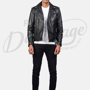 Men's Premium Black Real Leather Racer <b>Jacket</b> - Slim Fit Genuine <b>Sheepskin</b> Biker Coat with Chest Zip Pockets - Product Image 1
