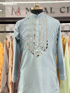 Best Quality Pure Silk with Yoke & Sleeve Boder Mirror-work Full-Sleeve & Knee-Length <b>Kurta</b>-Payjama Collection Wholesale Supply - Product Image 3