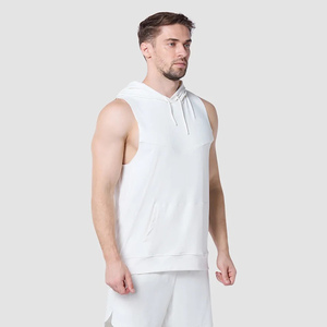 <b>Men</b> Sleeveless <b>Hooded</b> Tank <b>Top</b> White Knitted Regular Fit Casual Summer Gym Wear - Product Image 4