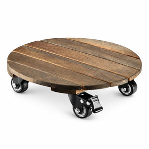 Chariot en bois d'acacia pour jardin et maison, 30 cm de diamètre, quatre roues, plateau solide, finition émaillée, pot de fleurs, facile à déplacer, multi-usages - Product Image 1