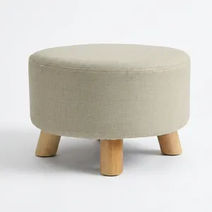 Pouf Rond Rembourré avec Assise en Tissu Beige et Pieds en Bois, Repose-Pieds Compact pour la Maison et le Salon - Product Image 5