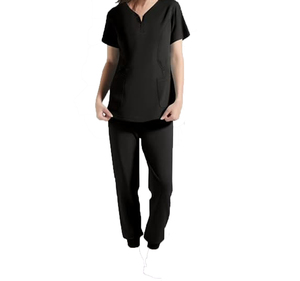 Ensemble de blouses médicales noires pour femmes, coton et polyester, uniforme d'hôpital, col en V, manches courtes, pantalon inclus, qualité supérieure - Product Image 1