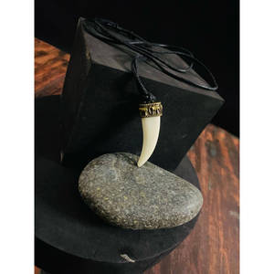 Faux Ivory Tusk Pendant Necklace for Men and Boys Antique Gold Crown with Adjustable Black Cotton Cord - Product Image 2