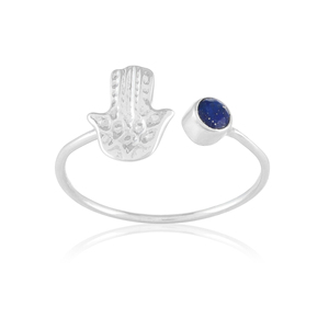 Natural <b>Lapis</b> <b>Lazuli</b> Hamsa <b>Ring</b> – 925 Sterling Silver Adjustable Hand of Fatima Open <b>Ring</b> - Product Image 3
