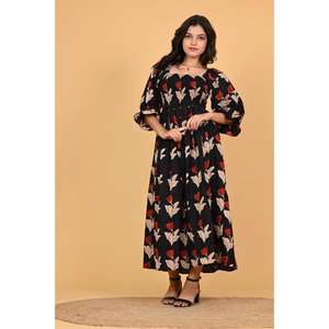 Robe longue en coton imprimée à la main pour femme, style bohème, coupe trapèze, taille élastique, pour l'automne et l'été, tenue décontractée quotidienne - Product Image 2