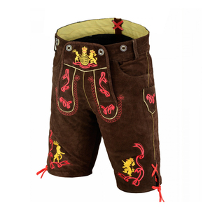 Shorts bavarois en cuir marron pour homme avec broderie rouge et jaune, taille haute, style décontracté, broderie à la main, style bermuda en laine - Product Image 5