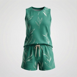 Conjunto de Top sin Mangas y Pantalones Cortos con Estampado de Hojas Verdes para Mujer, Estilo Casual Holgado, Transpirable, Tejido de Punto, 2 Piezas, para Primavera/Verano - Product Image 1