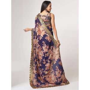 Lovely <b>Purple</b> Floral Print Organza Party Wear <b>Saree</b> With Blouse - Product Image 5
