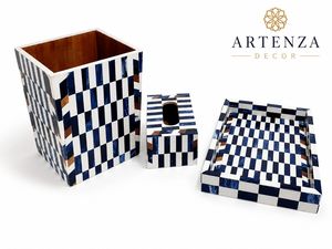 Organisateur de bureau en bois de manguier marocain avec incrustations carrées, motif nid d'abeille, porte-stylos de table, boîte de rangement, plateau - Product Image 2