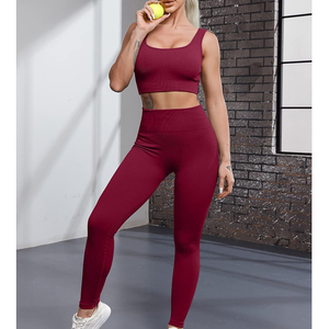 Ensemble de yoga pour femmes, 2 pièces, couleur unie, leggings taille haute, ensemble de soutien-gorge, sans couture, spandex, polyester, vêtements de fitness - Product Image 2