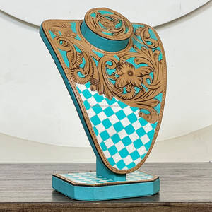 Présentoir à bijoux vintage en cuir, style western, gravé à la main, à motifs floraux et à carreaux, buste de présentation élégant pour colliers - Product Image 4