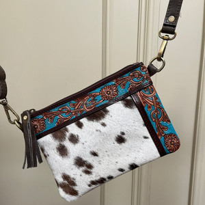 Turquoise Hand Tooled Leather Cowhide Mini <b>Crossbody</b> <b>Bag</b> <b>for</b> <b>Women</b> Wristlet Mobile Purse Custom Branded Western Leather Handbag - Product Image 2