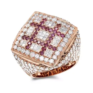 EtherStar 3.50ct Lab Grown Diamond Luxury <b>Mens</b> <b>Ring</b> Gold <b>Ruby</b> Lattice Square Halo Pave Signet Pinky Band - Product Image 1
