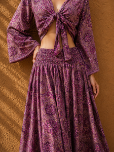 Amethyst Boho Two-Piece Silk Woven Skirt Set for Women-<b>Elastic</b> Waist Paisley Print Maxi Skirt Lantern Sleeve Tie Neck Crop Top - Product Image 5